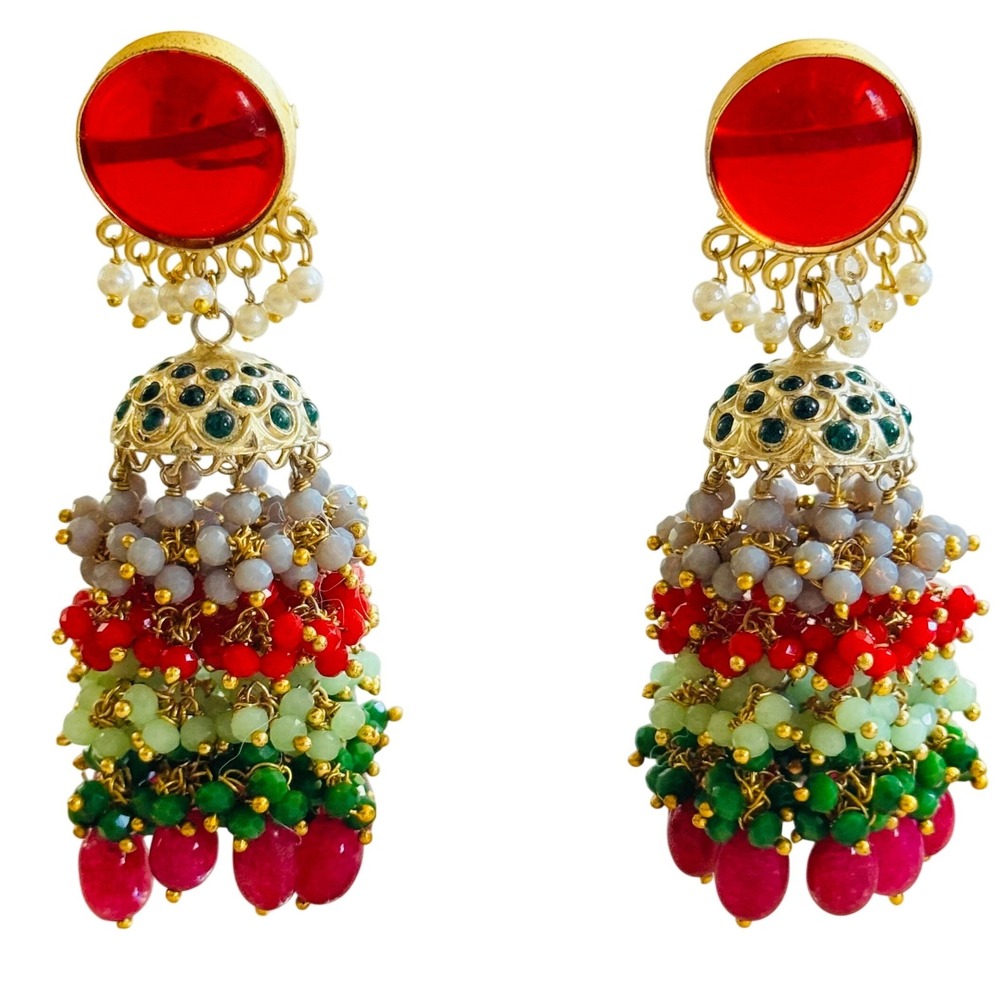 Chandelier Colorful Party Ruby Earrings Statement Dangle Glass Pierced Bollywood